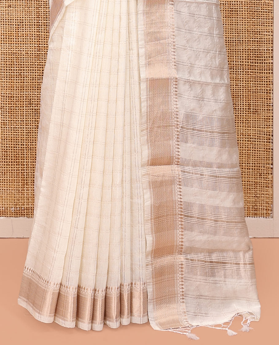 White Assam Silk Saree, Finely Crafted with Zari Checks, Highlighted by a Traditional Zari Border, Zari-Striped Pallu, and a Matching Blouse