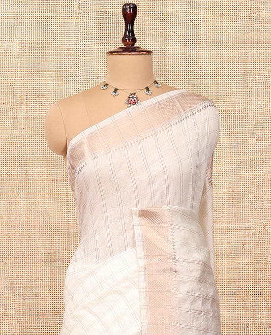 White Assam Silk Saree, Finely Crafted with Zari Checks, Highlighted by a Traditional Zari Border, Zari-Striped Pallu, and a Matching Blouse