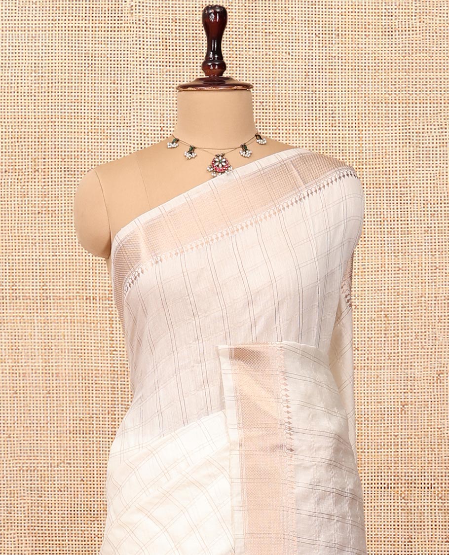 White Assam Silk Saree, Finely Crafted with Zari Checks, Highlighted by a Traditional Zari Border, Zari-Striped Pallu, and a Matching Blouse
