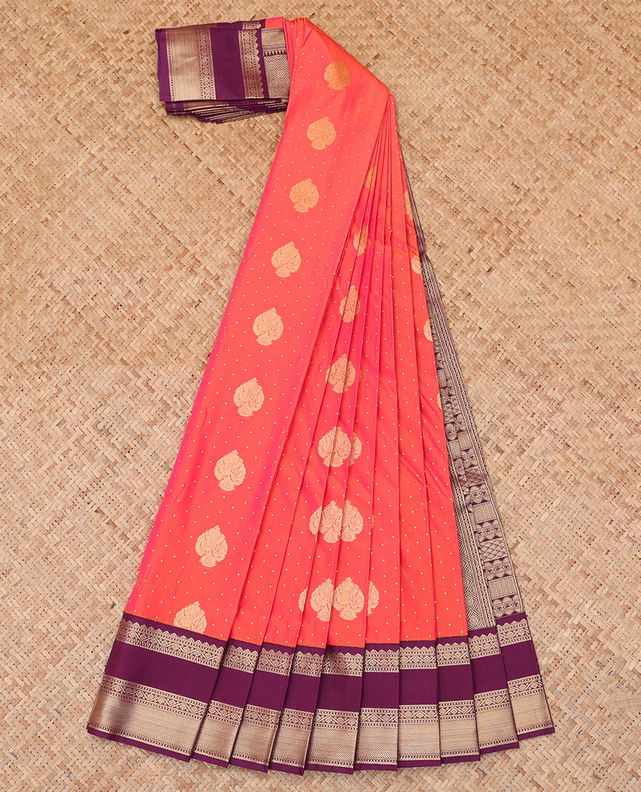 Orange Budget Silk Saree, Bedecked with Zari Buttas, a Contrast Traditional Zari Rettai Pettu Border, Grand Pallu, and a Contrast Blouse