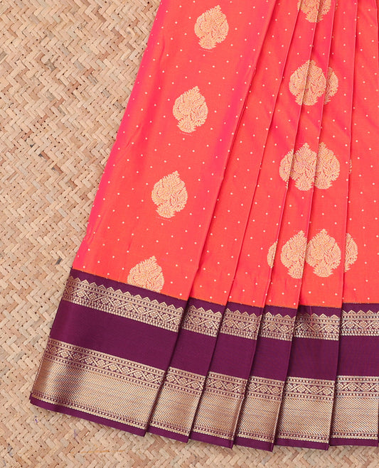 Orange Budget Silk Saree, Bedecked with Zari Buttas, a Contrast Traditional Zari Rettai Pettu Border, Grand Pallu, and a Contrast Blouse