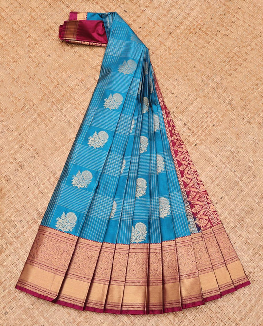 Blue Budget Silk Saree, Embellished with Floral Butta Enclosed Checks, Complemented by a Contrast Traditional Zari Border, Grand Jaal Pallu, and a Contrast Blouse