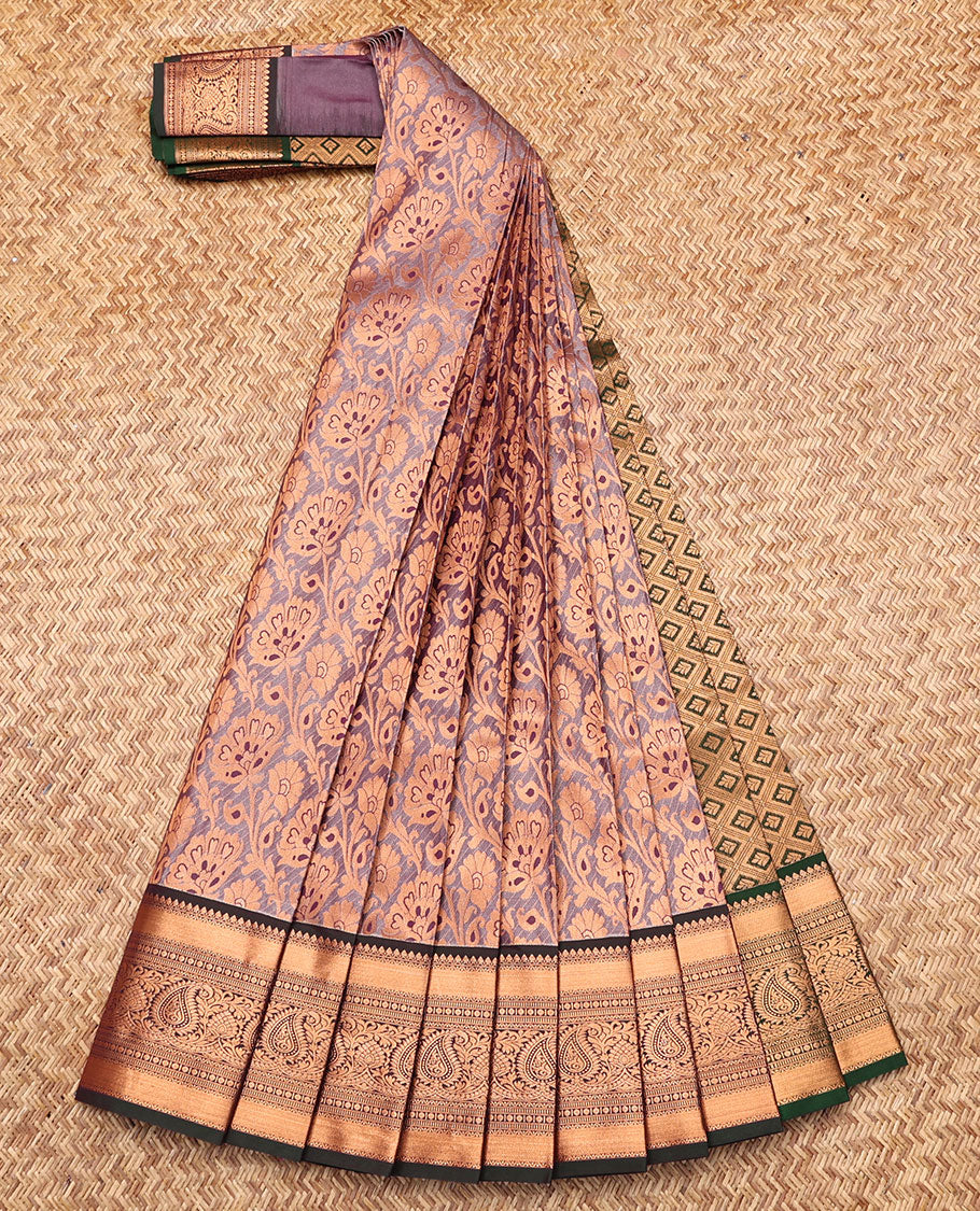 Grey Budget Silk Saree, Delicately Woven with Jacquard, Complemented by Contrast Traditional Zari Border, Jaal Pallu, and a Contrast Blouse