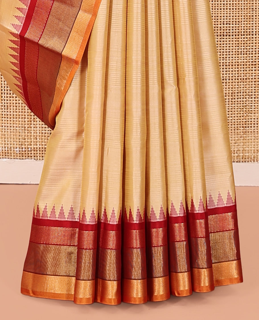 Sandal-Striped Bangalore Silk Saree, Complemented by a Contrast Temple Ganga-Jamuna Border, Pallu of Temple and Neli Designs, and a Contrast Blouse
