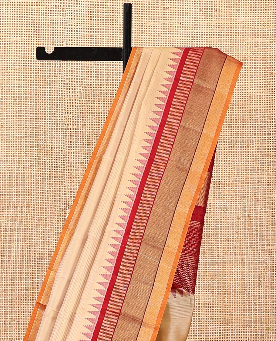 Sandal-Striped Bangalore Silk Saree, Complemented by a Contrast Temple Ganga-Jamuna Border, Pallu of Temple and Neli Designs, and a Contrast Blouse