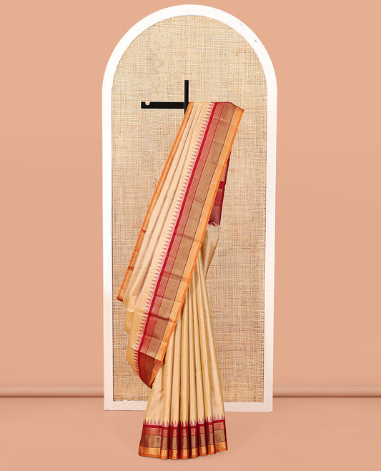 Sandal-Striped Bangalore Silk Saree, Complemented by a Contrast Temple Ganga-Jamuna Border, Pallu of Temple and Neli Designs, and a Contrast Blouse