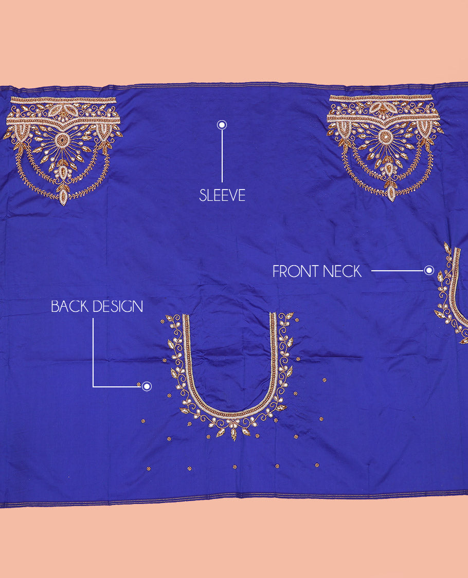 Ink Blue Aari Material Blouse Delicately Woven with Intricate Design in Bead and Zarkan Stone Mixed Embroidery