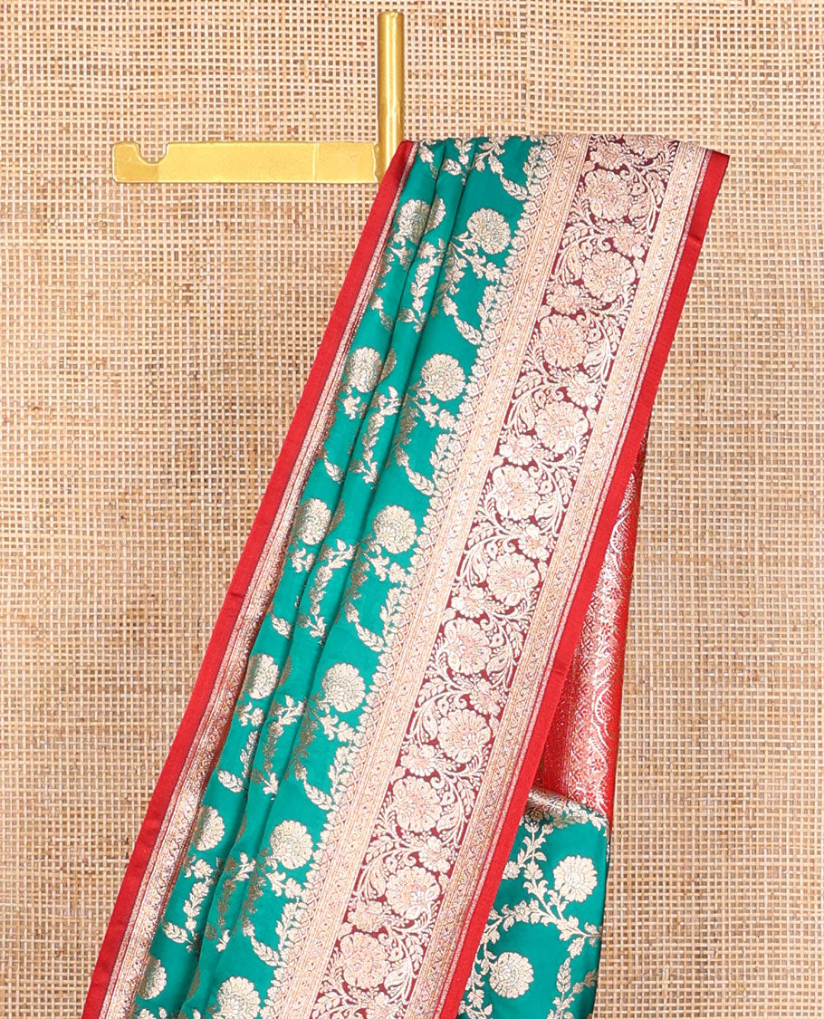 Green floral jaal design semi banaras nylon saree with self floral zari design border & floral design pallu