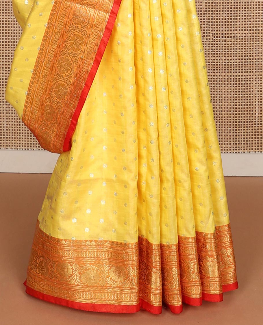 Yellow buttas semi banaras nylon with contrast floral design border & floral design pallu