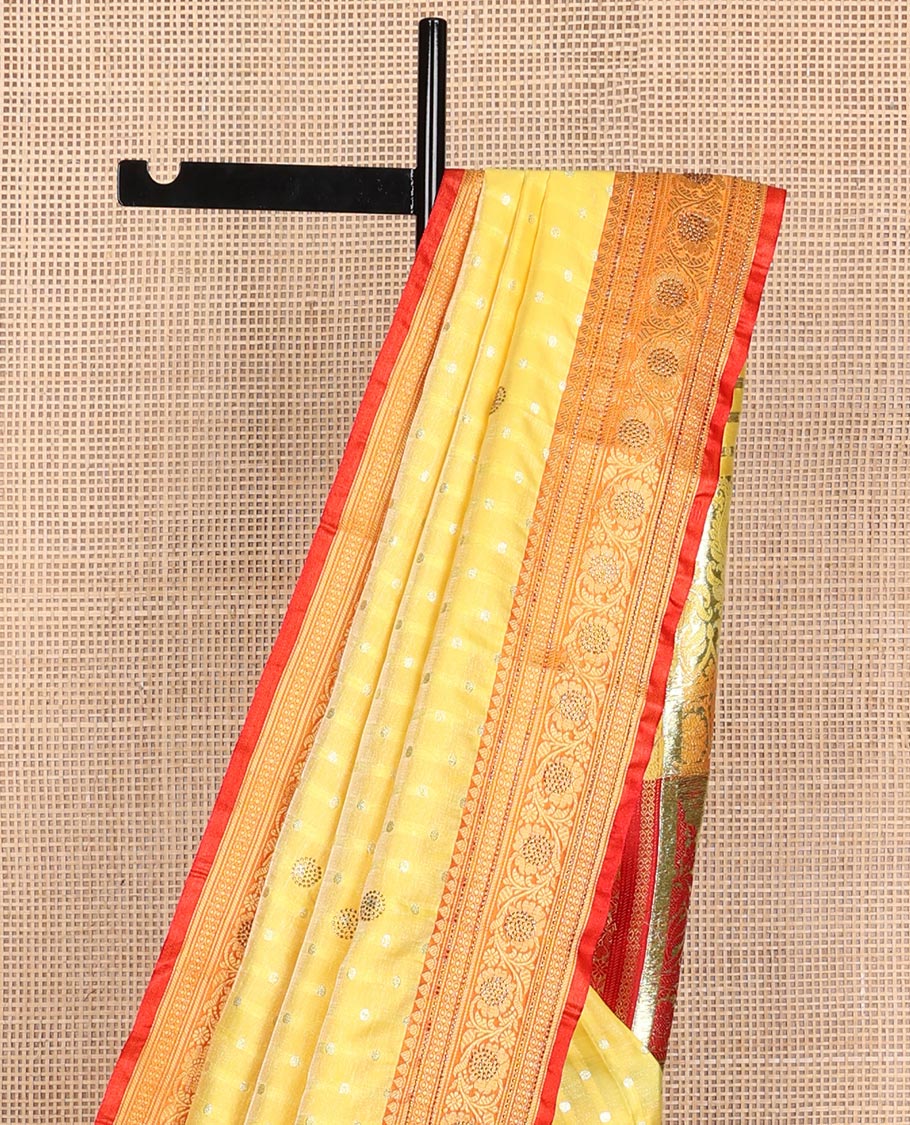 Yellow buttas semi banaras nylon with contrast floral design border & floral design pallu