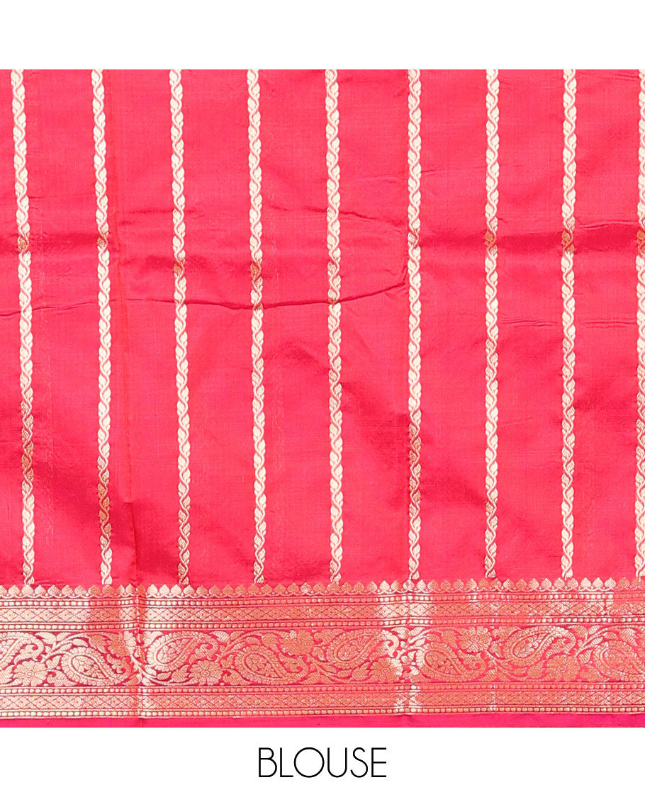 Pink zari buttas kathan silk saree, traditional border of paisley creeper designs, and jaal pallu