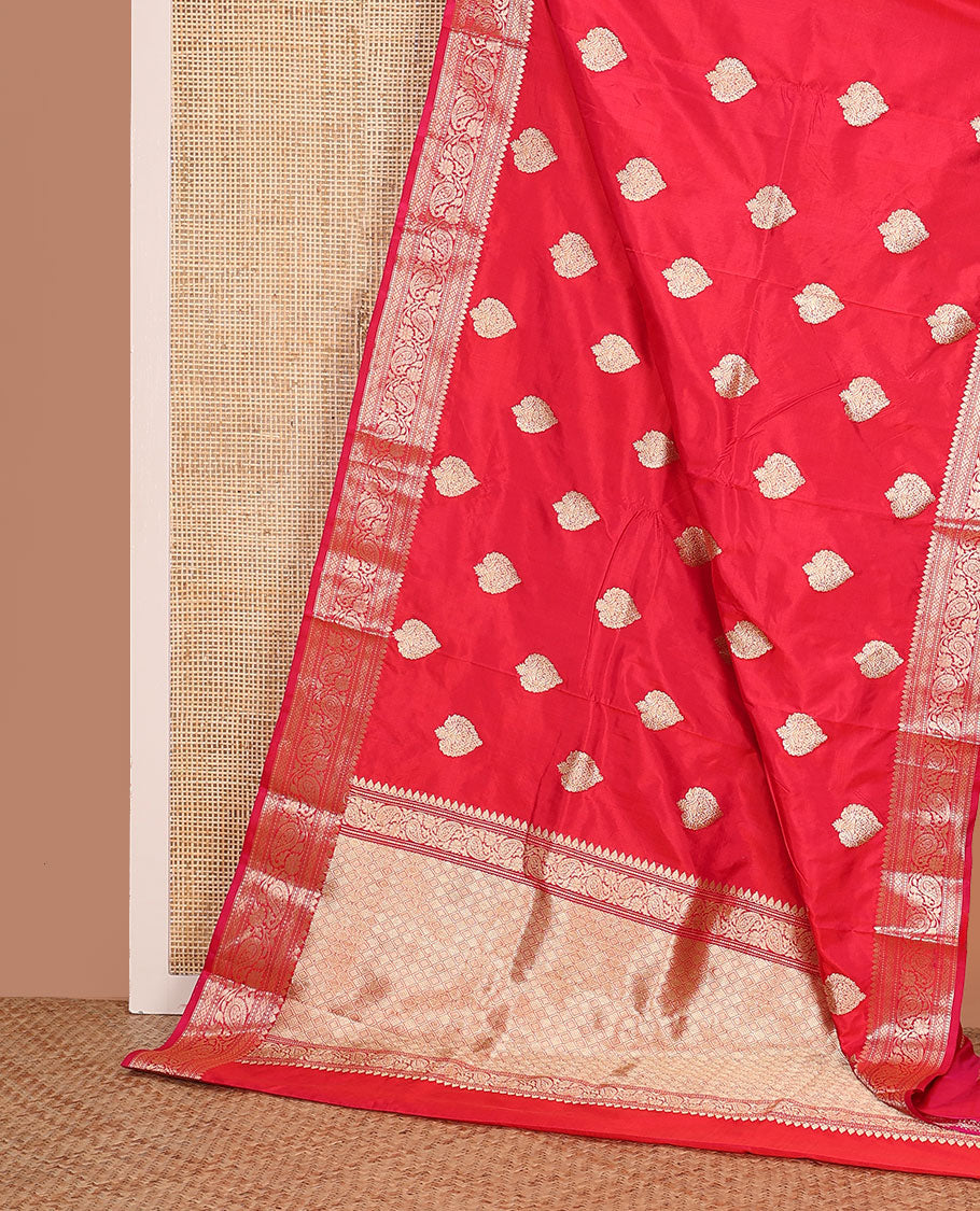 Pink zari buttas kathan silk saree, traditional border of paisley creeper designs, and jaal pallu