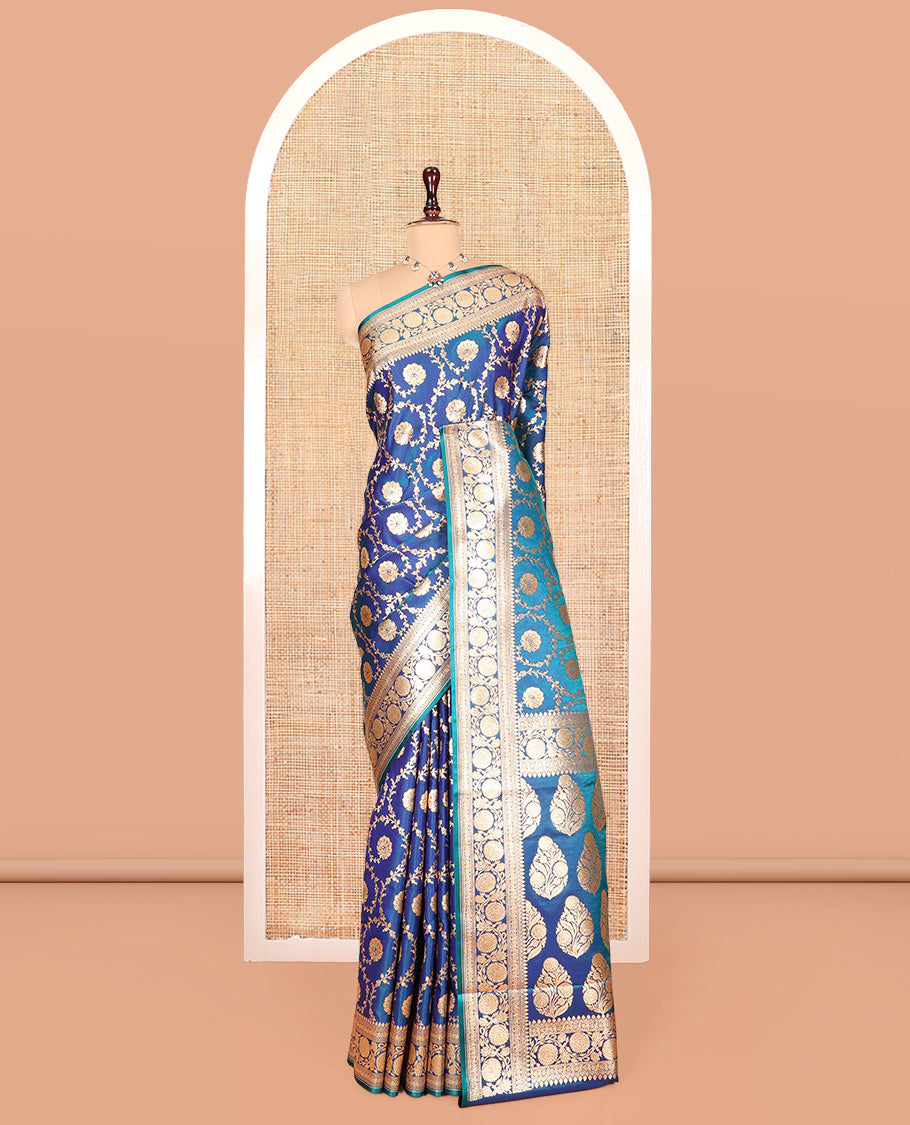 Blue Banarasi Nylon Saree, Ornamented with Floral Jacquard, Contrast Floral Creeper Zari Border, Intricate Pallu, and a Contrast Blouse