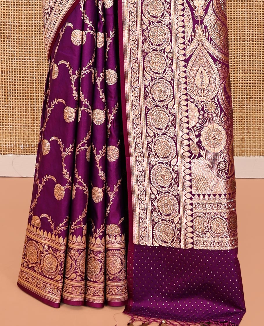 Purple Banarasi Satin Saree, Decorated with Floral Jaal Jacquard, a Floral Creeper Border, Intricate Stonework Pallu, and a Matching Blouse