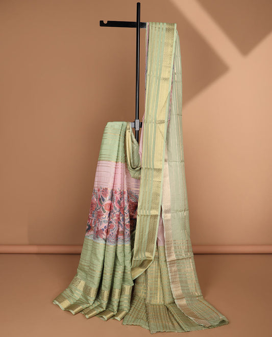Multi-color floral vine & peacock printed & zari striped semi-banaras crepe saree, zari border & zari striped pallu