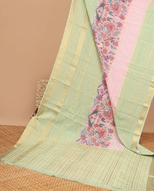 Multi-color floral vine & peacock printed & zari striped semi-banaras crepe saree, zari border & zari striped pallu