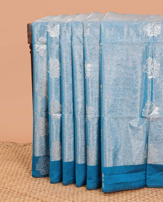 Blue zari buttas semi silk cotton saree, zari buttas border, and contrast intricate design pallu