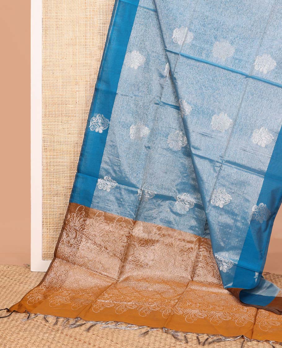 Blue zari buttas semi silk cotton saree, zari buttas border, and contrast intricate design pallu