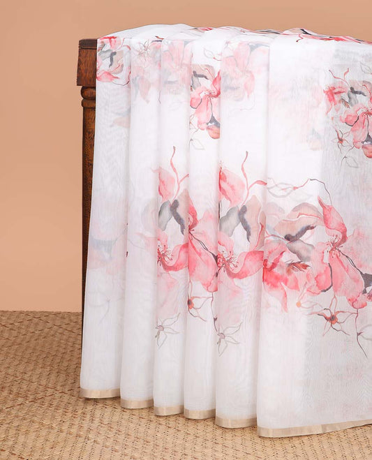 White all-over floral printed linen cotton saree with self zari border