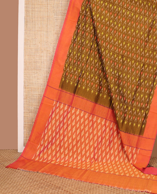 Green unique buttas ikkat cotton saree, contrast plain orange border, and pallu of buttas