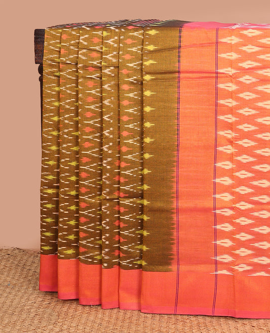 Green unique buttas ikkat cotton saree, contrast plain orange border, and pallu of buttas