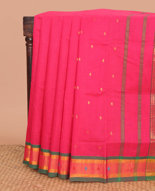 Pink buttas Venkatagiri cotton saree, contrast zari and thread work border, and striped pallu