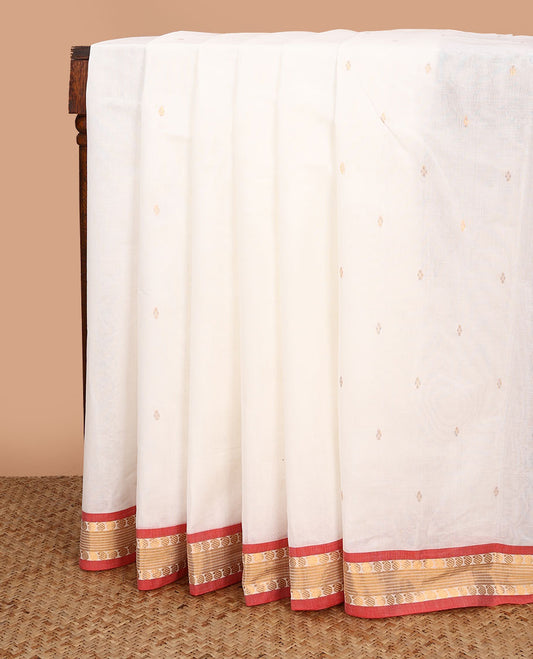 White zari buttas Venkatagiri cotton saree with contrast traditional border, and pallu of zari stripes