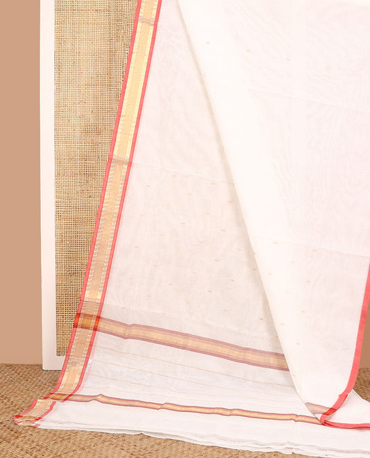 White zari buttas Venkatagiri cotton saree with contrast traditional border, and pallu of zari stripes