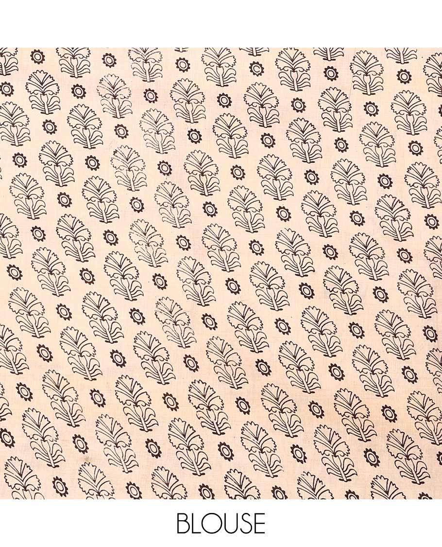 Maroon floral vine machine-printed Kalamkari cotton saree, contrast human motifs printed border, and pallu of Pichwai cows and Radha Krishnan