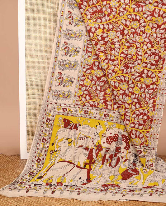 Maroon floral vine machine-printed Kalamkari cotton saree, contrast human motifs printed border, and pallu of Pichwai cows and Radha Krishnan