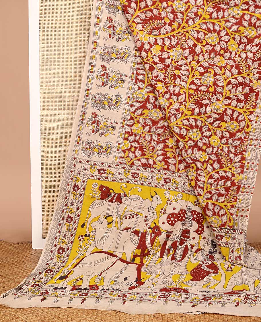 Maroon floral vine machine-printed Kalamkari cotton saree, contrast human motifs printed border, and pallu of Pichwai cows and Radha Krishnan