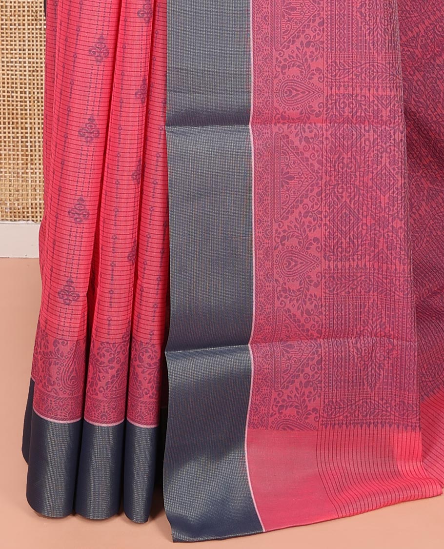 Red Semi-Silk Cotton Saree, Sparsely Woven with Buttas and Geometric Designs All Over Its Body, Complemented by Contrast Border, Sparsely Woven Pallu of Geometric Designs, and Paired with a Matching Blouse