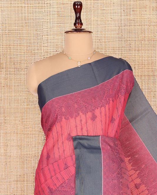 Red Semi-Silk Cotton Saree, Sparsely Woven with Buttas and Geometric Designs All Over Its Body, Complemented by Contrast Border, Sparsely Woven Pallu of Geometric Designs, and Paired with a Matching Blouse