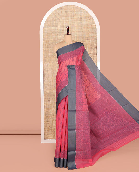 Red Semi-Silk Cotton Saree, Sparsely Woven with Buttas and Geometric Designs All Over Its Body, Complemented by Contrast Border, Sparsely Woven Pallu of Geometric Designs, and Paired with a Matching Blouse
