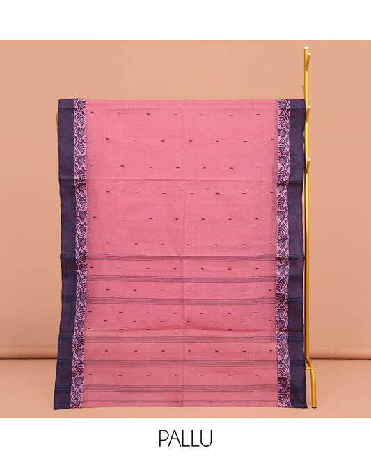 Pink Bengal Cotton Saree, Sparsely Woven with Buttas on Its Body, Complemented by a Contrast Floral Creeper Design Border, Pallu of Stripes and Buttas, and Paired with a Matching Blouse