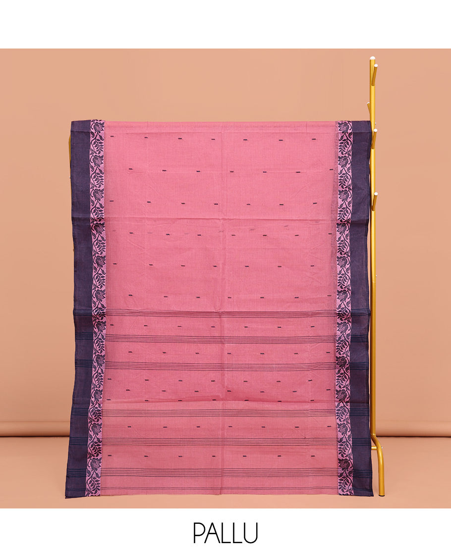 Pink Bengal Cotton Saree, Sparsely Woven with Buttas on Its Body, Complemented by a Contrast Floral Creeper Design Border, Pallu of Stripes and Buttas, and Paired with a Matching Blouse
