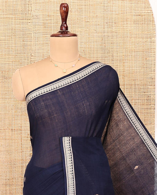 Navy Blue Andhra Cotton Saree, Delicately Woven with Thread Buttas All Over Its Body, Subtly Sparked with a Paisley-Patterned Border, Pallu of Stripes and Buttas, and Paired with a Matching Blouse