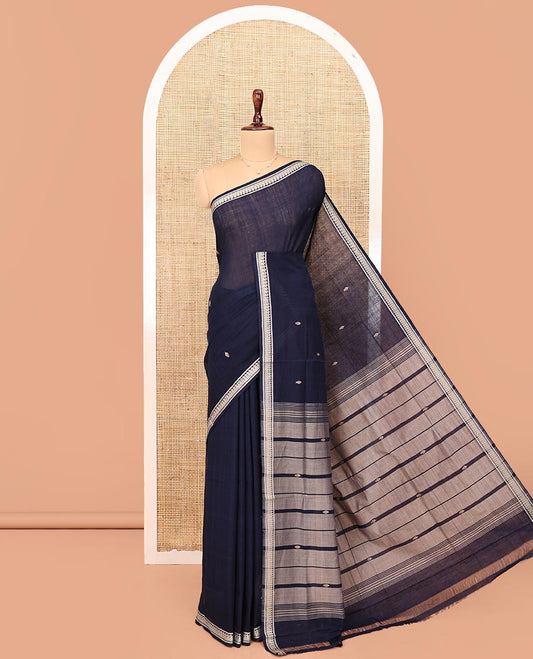 Navy Blue Andhra Cotton Saree, Delicately Woven with Thread Buttas All Over Its Body, Subtly Sparked with a Paisley-Patterned Border, Pallu of Stripes and Buttas, and Paired with a Matching Blouse