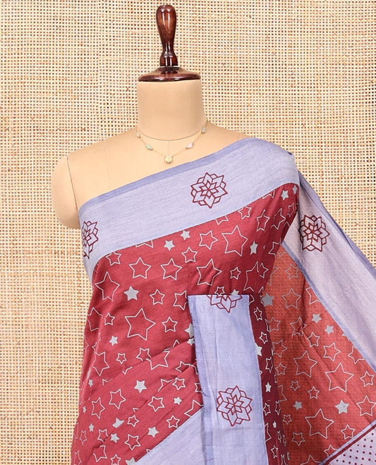 Red Poly Cotton Saree, Steeped with Star Motifs, Complemented by a Contrast Star Motifs Border, Printed Pallu, and a Contrast Blouse
