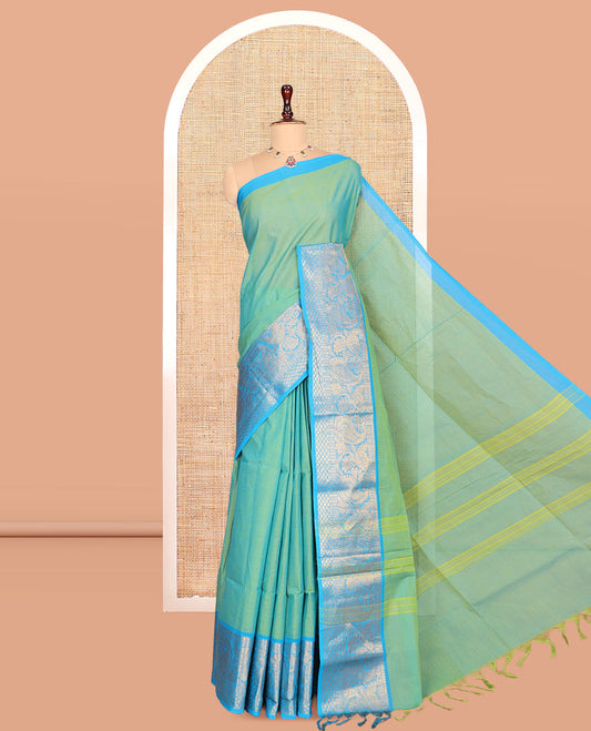 Turquoise Plain Chettinad Cotton Saree, Complemented by a Contrast Traditional Paisley Zari Border, Striped Pallu, and a Matching Blouse