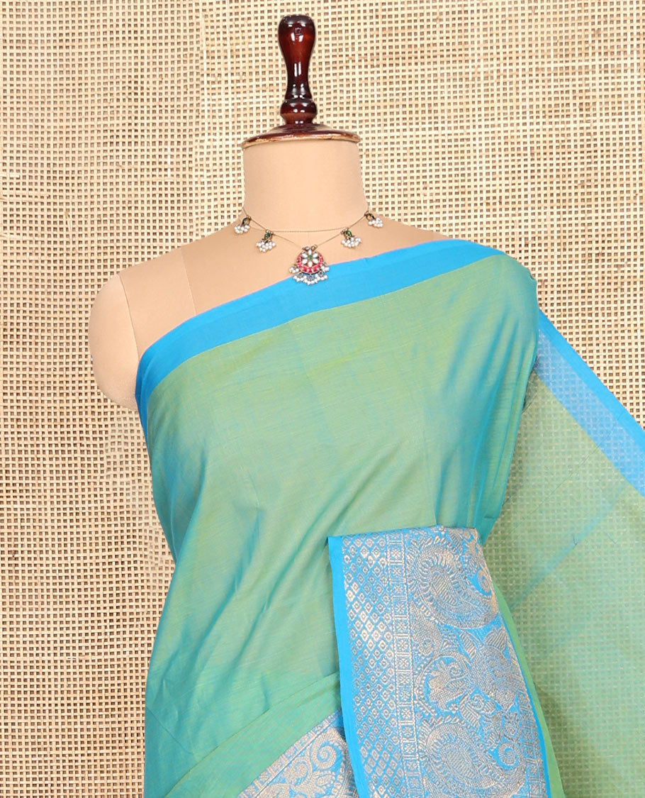 Turquoise Plain Chettinad Cotton Saree, Complemented by a Contrast Traditional Paisley Zari Border, Striped Pallu, and a Matching Blouse
