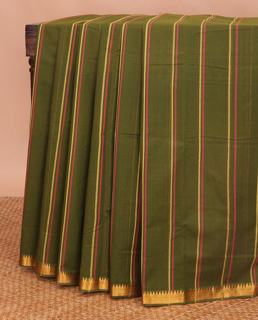 Olive green striped managalagiri cotton saree with self temple border & striped pallu