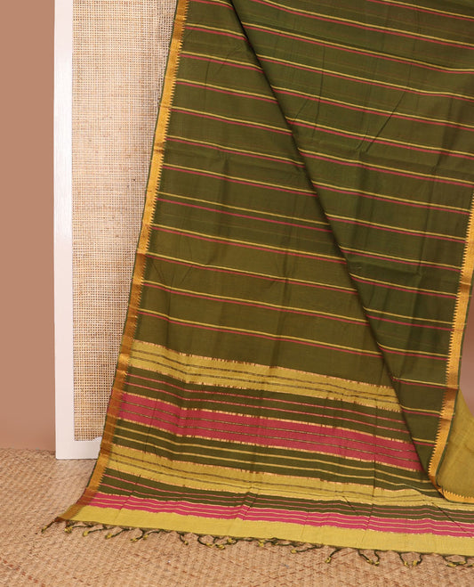 Olive green striped managalagiri cotton saree with self temple border & striped pallu