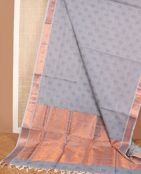 Grey geometric design Coimbatore cotton saree, chakram zari design border & pallu steeped with chakram designs