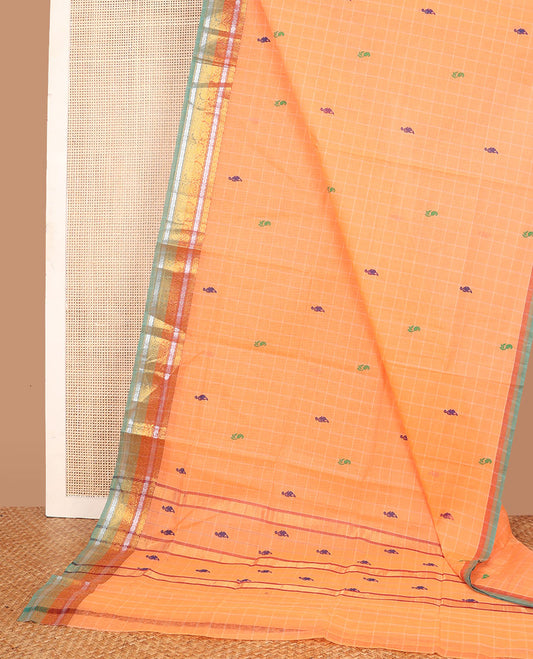 Orange checked & meena buttas Andhra cotton saree, contrast traditional zari border & pallu of zari stripes & meena buttas