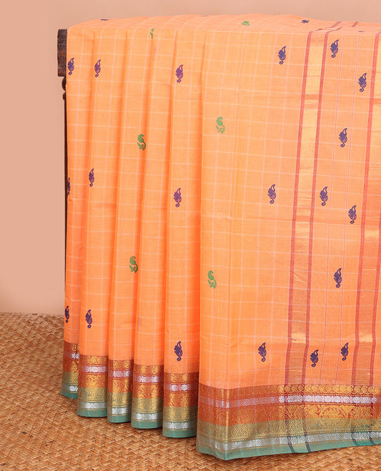 Orange checked & meena buttas Andhra cotton saree, contrast traditional zari border & pallu of zari stripes & meena buttas