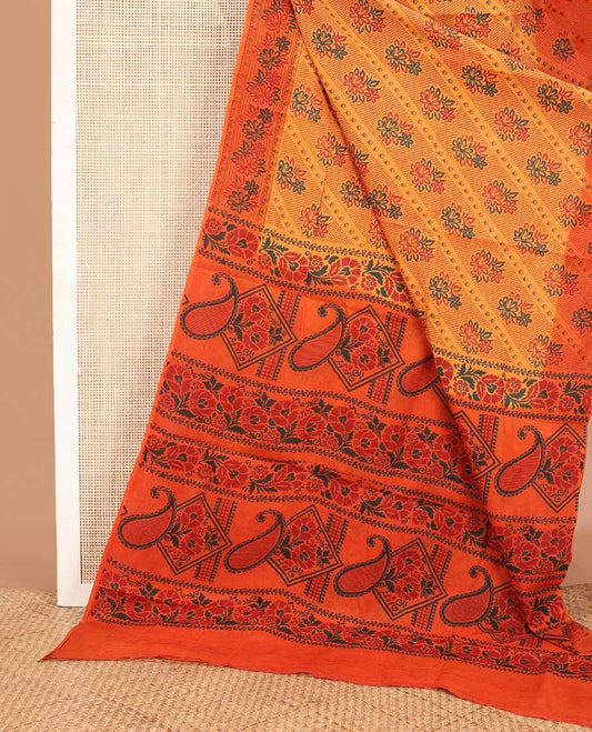 Yellow floral printed Sungudi cotton saree, contrast floral printed border & pallu of floral & paisley motifs print