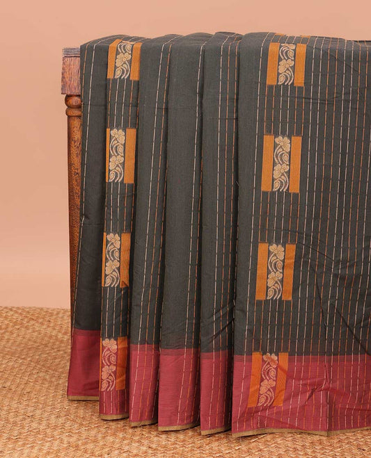 Grey dotted stripes, and square buttas Coimbatore cotton saree, contrast dotted stripes, and square buttas border, and pallu of floral motifs