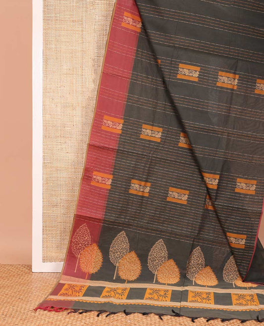 Grey dotted stripes, and square buttas Coimbatore cotton saree, contrast dotted stripes, and square buttas border, and pallu of floral motifs