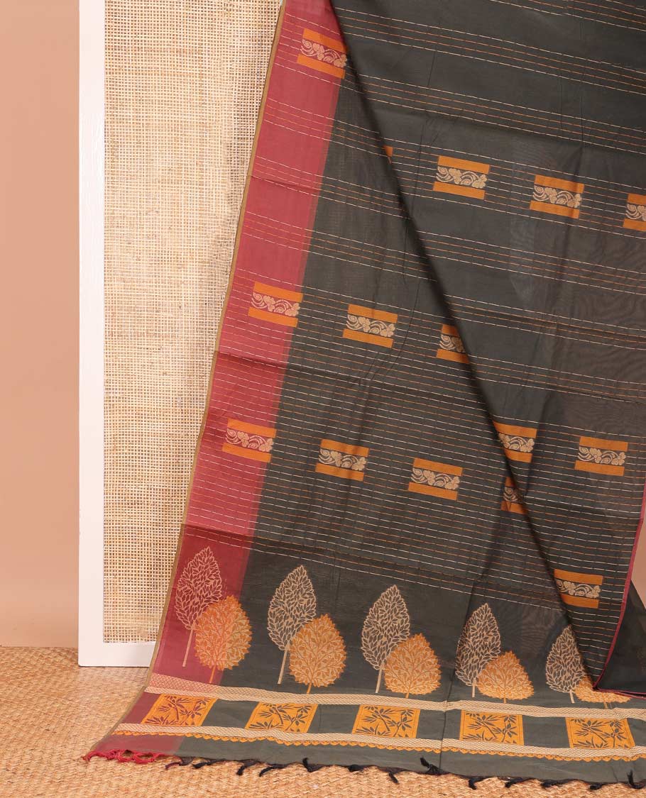 Grey dotted stripes, and square buttas Coimbatore cotton saree, contrast dotted stripes, and square buttas border, and pallu of floral motifs